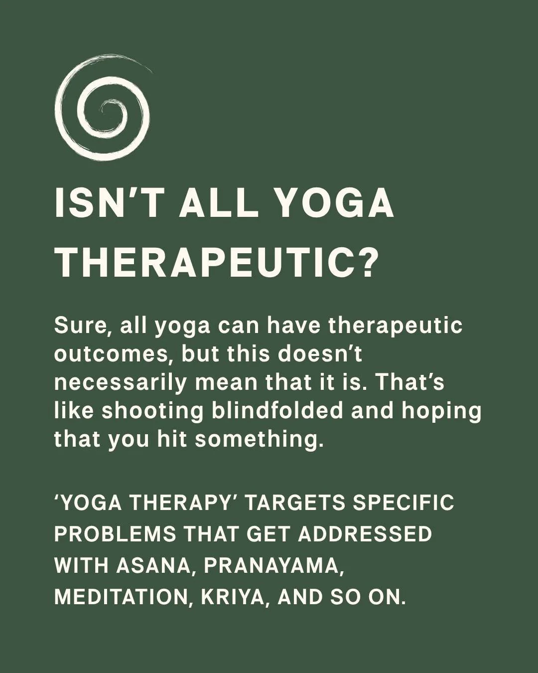 Yoga can often **feel** therapeutic.
But not all yoga is therapy. 🪷

Yoga Therapy is specific, intentional, and measurable.

It assesses, strategizes, and tracks progress &mdash; so both therapist and client know what truly shifted.

Because healing