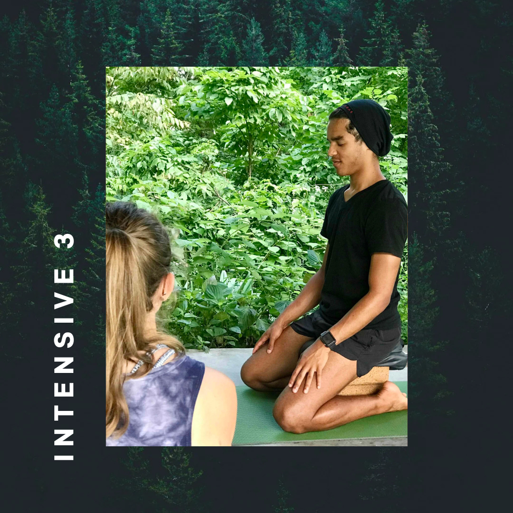 A young man practicing yoga or meditation on a green mat outdoors in a lush, green forest, with a woman sitting nearby observing or participating.