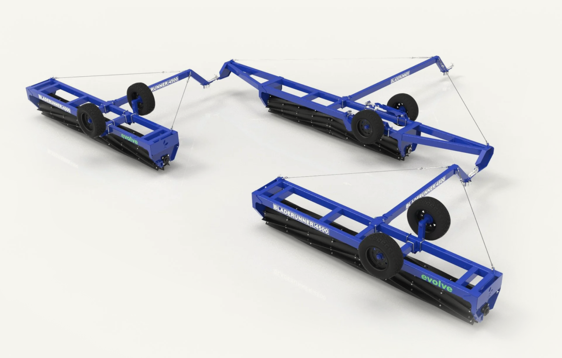 Three blue robotic agricultural tools labeled 'Bladerunner 4500' arranged on a white background, with black rollers and large black tires.