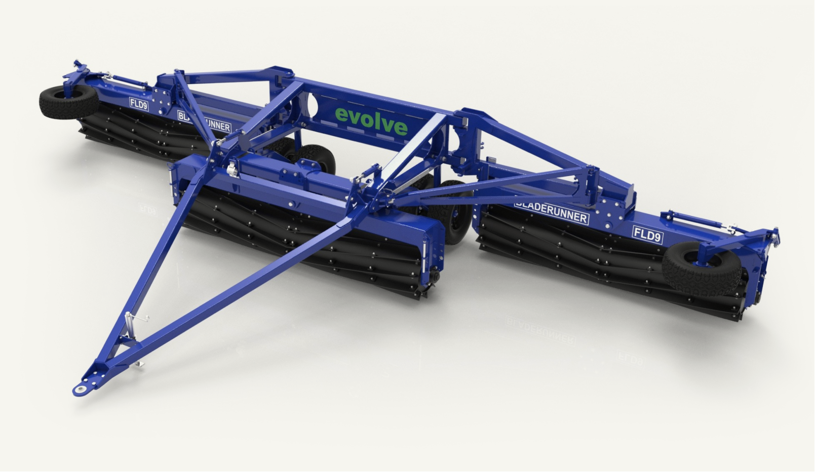 Blue agricultural equipment with blades and tires, labeled evolve and loaderunner.