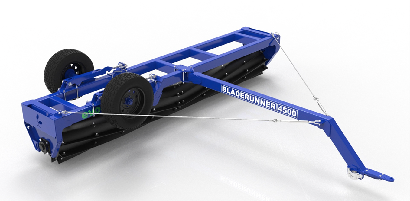 Blue agricultural equipment labeled 'Bladerunner 4500' with black rolling blades, two large tires, and a hitch for attachment.