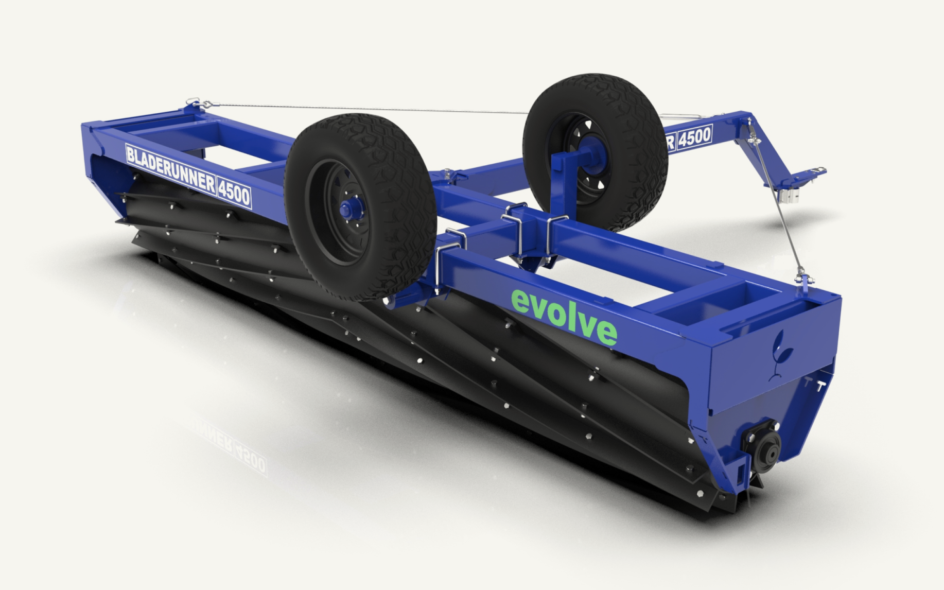 A blue Evolve Bladerunner 4500 robotic lawn mower with black blades, large black tires, and safety cables, designed for autonomous grass cutting.