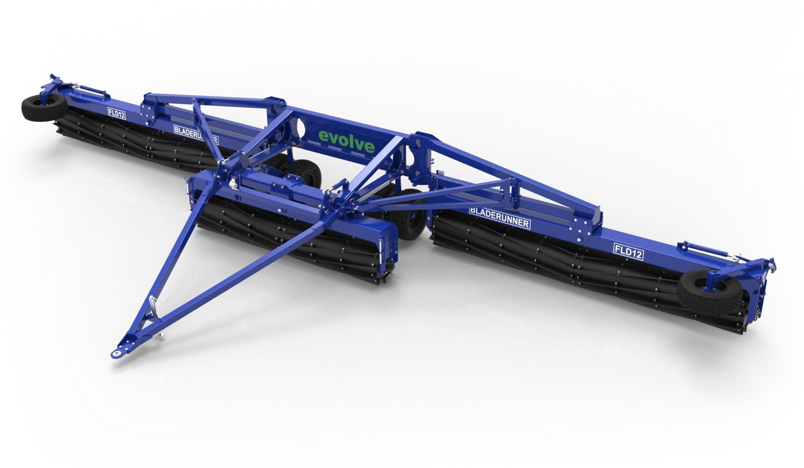 Blue industrial blade attachment with black blades labeled 'Bladerunner' and 'evolve' on a white background.