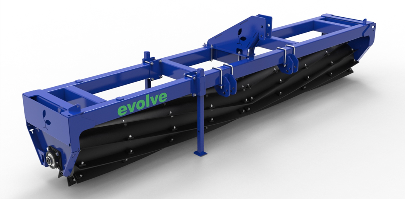 Blue agricultural implement with the word "evolve" in green, featuring multiple black rollers under a sturdy frame.
