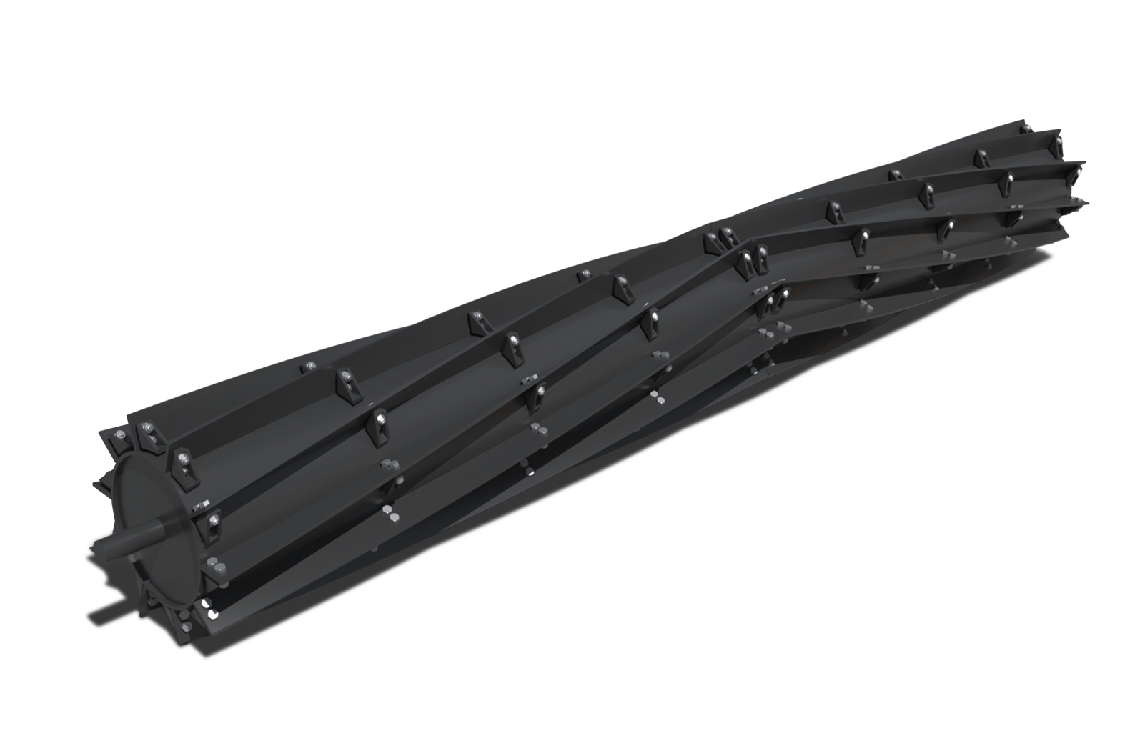 A large industrial black roller with multiple bolts and a rotating shaft at one end.
