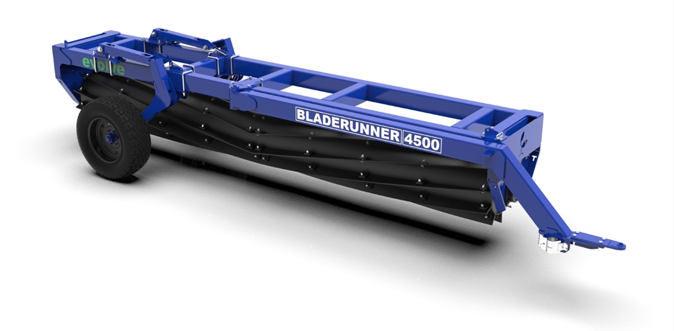 Blue agricultural tiller labeled 'Bladerunner 4500' with black blades, mounted on two wheels, designed for soil cultivation.
