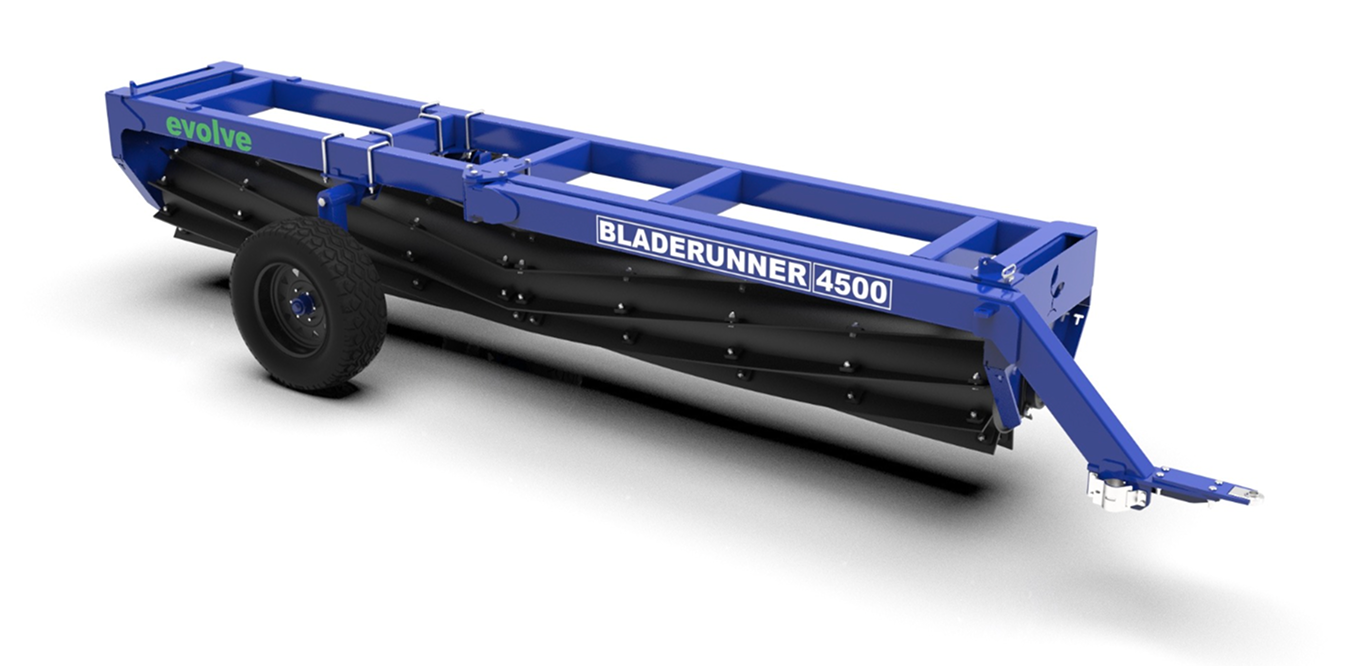 A blue agricultural implement labeled 'Bladerunner 4500' with black blades underneath, attached to a hitch for towing, and featuring two large tires.