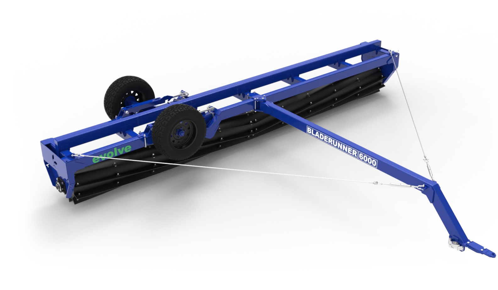 Blue agricultural implement with large black rollers, labeled "Bladerunner 6000" and "evolve" on the side, designed for field work, attached to a hitch for connection to a tractor.