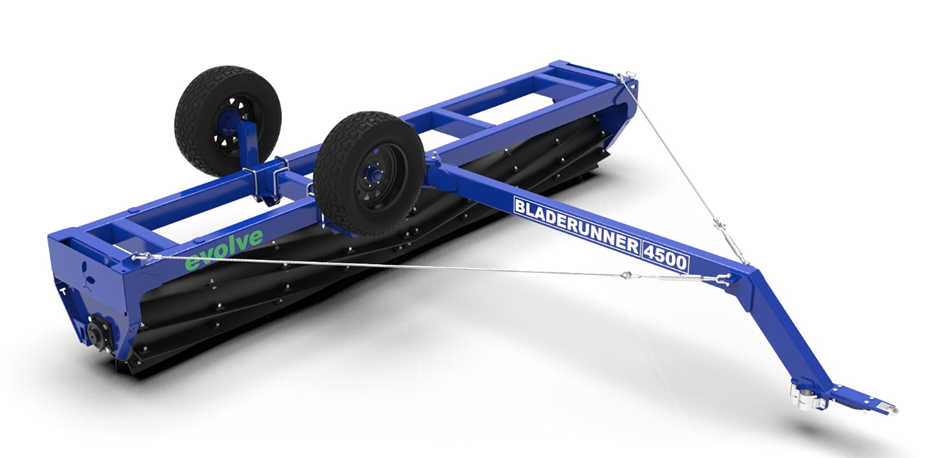 A blue flail mower attachment for a tractor, labeled 'Bladerunner 4500', with two wheels, a long arm, and a rotating drum for grass cutting.