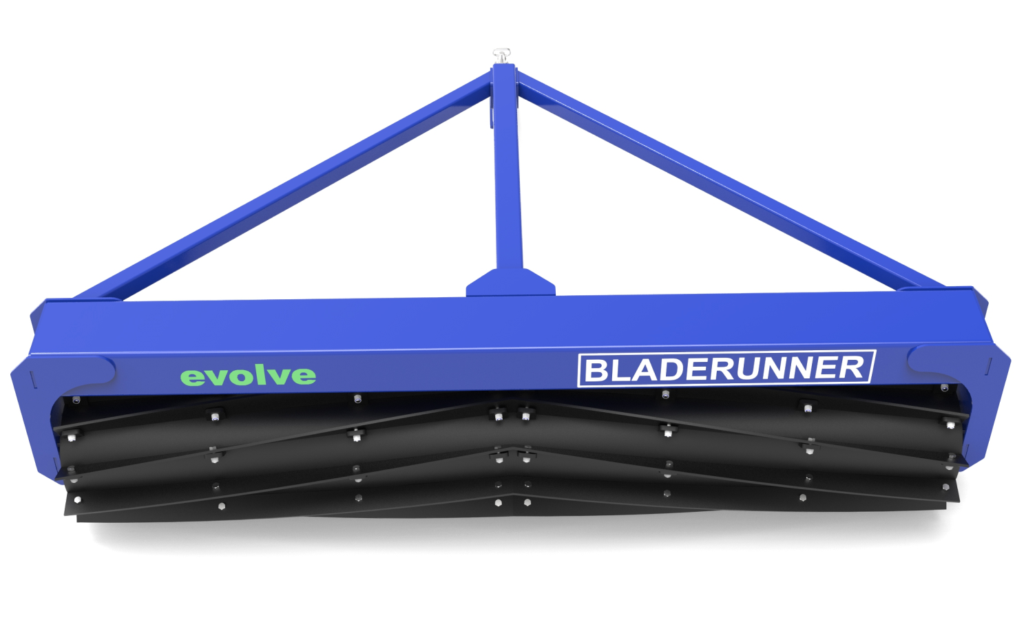 A blue industrial blade attachment labeled "Bladerunner" and "evolve" for machinery or farming equipment, viewed from below.