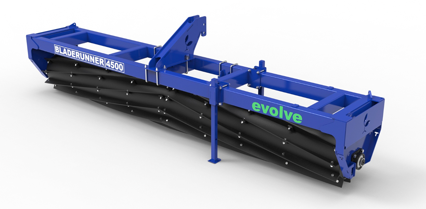 Blue industrial piece of equipment labeled 'BLADERUNNER 4500' with the word 'evolve' in green, featuring black blades underneath.
