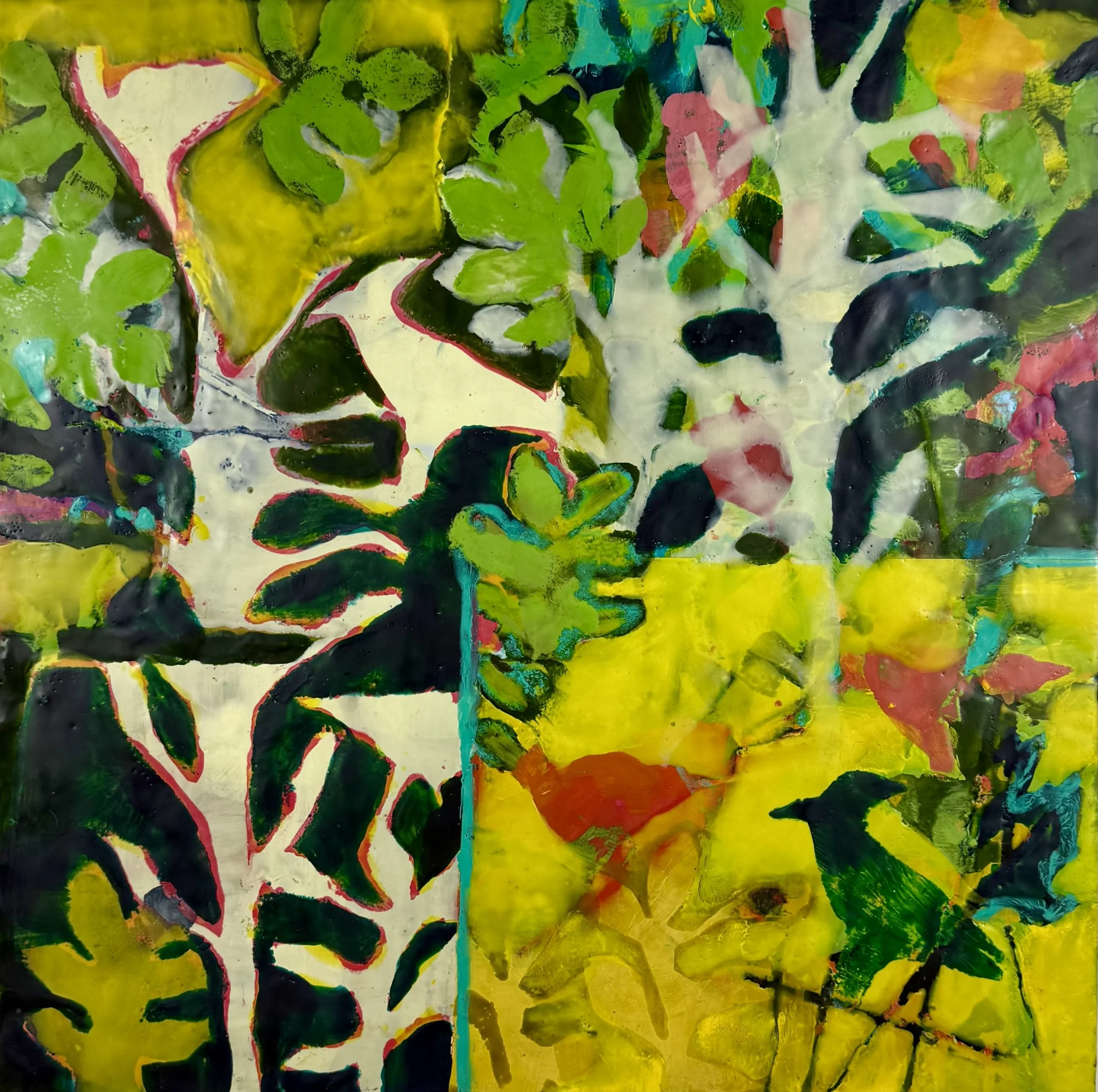 Botanicals with Birds
24" x 24" x 1 1/2"
Encaustic and Oil on Cradled Panel
$1,300