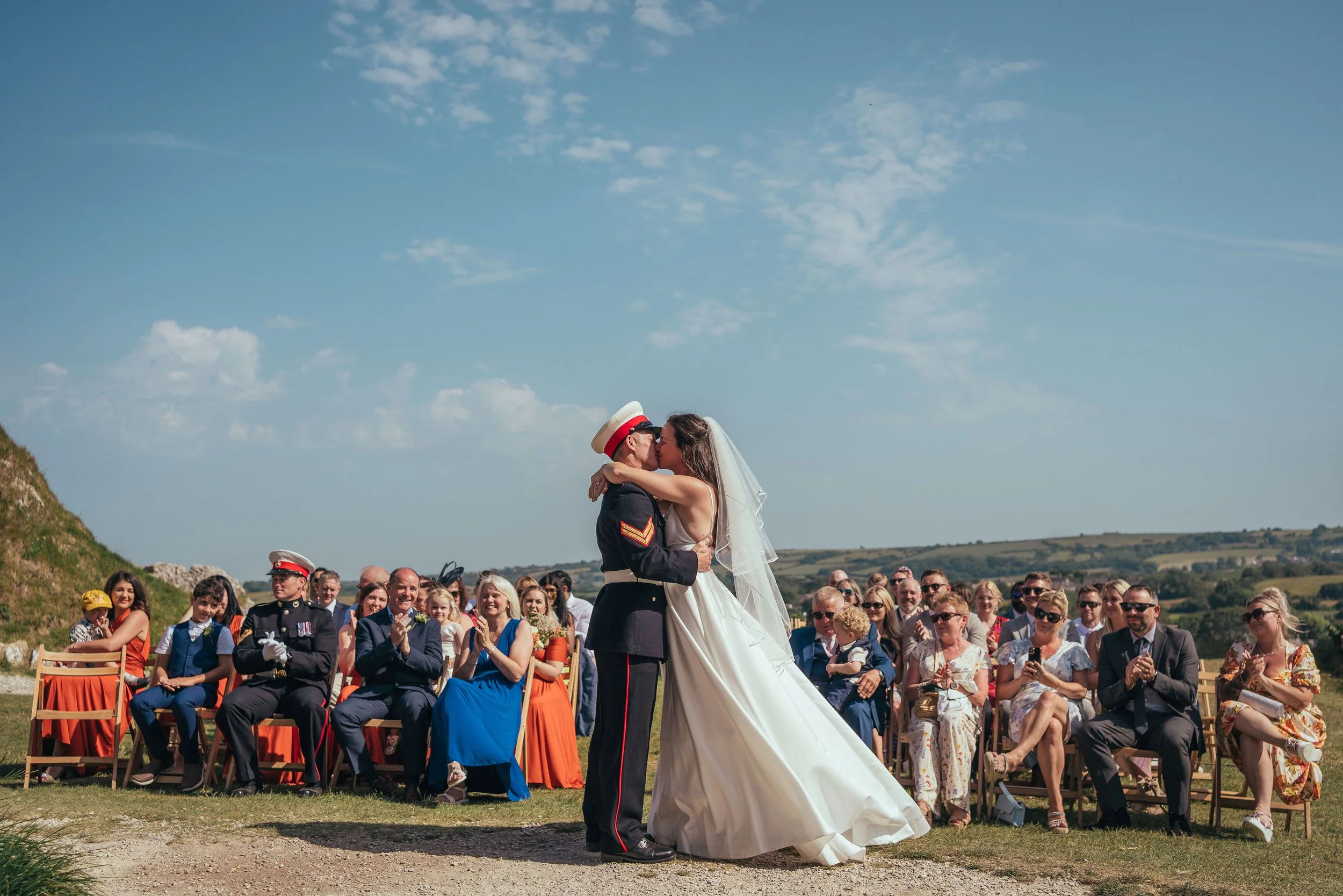 First kiss, military Dorset wedding, corfe castle wedding
