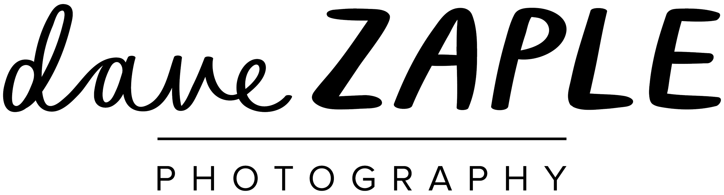 Text logo for 'dave ZAPLE PHOTOGRAPHY' with a handwritten style for the word 'dave' and a bold outline style for 'ZAPLE', and a small serif font for 'PHOTOGRAPHY' underneath.