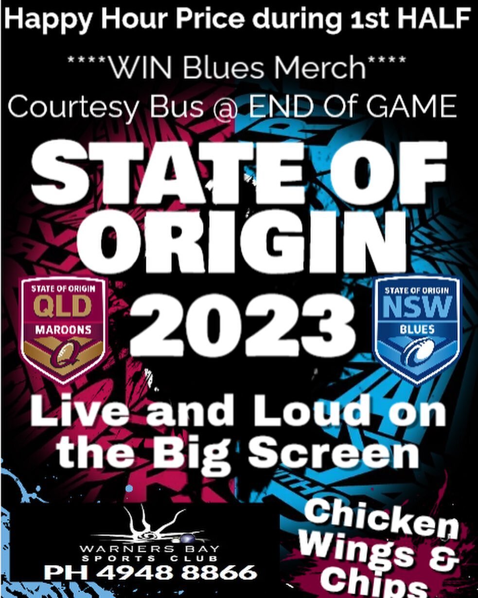 🏈STATE OF ORIGIN GAME 3🏈

LIVE ON THE BIG SCREEN AT @warners_bay_sports_club 
 💙💙💙💙💙

WEDNESDAY 12th JULY

Happy Hour prices during 1st half🍻

Chicken Wings &amp; Chips 🍗