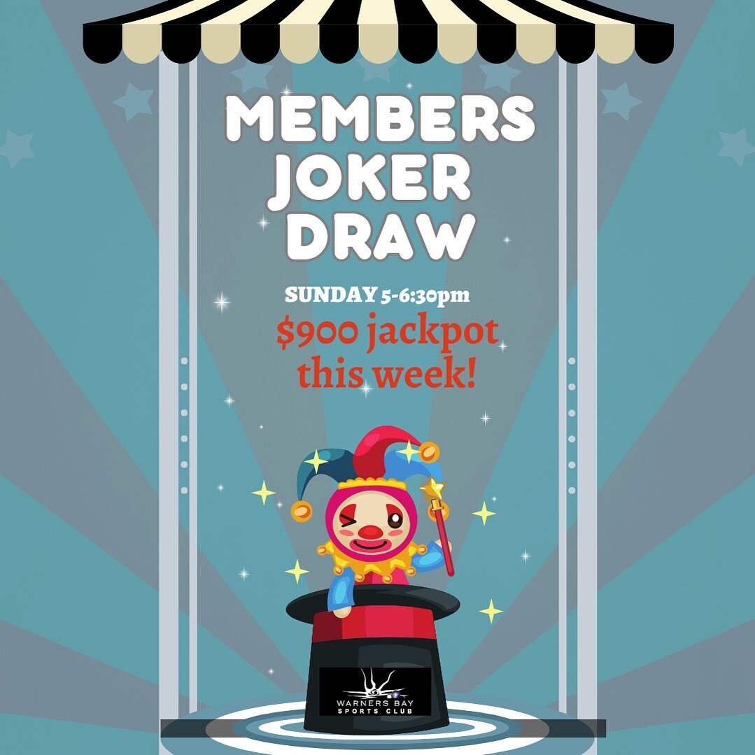 THIS SUNDAY $900 JACKPOT JOKER DRAW 🃏

Members Joker draw- Purchase something at the club between 5pm-6:30pm &amp; go in draw for a chance to win $900❕❕❕❕❕