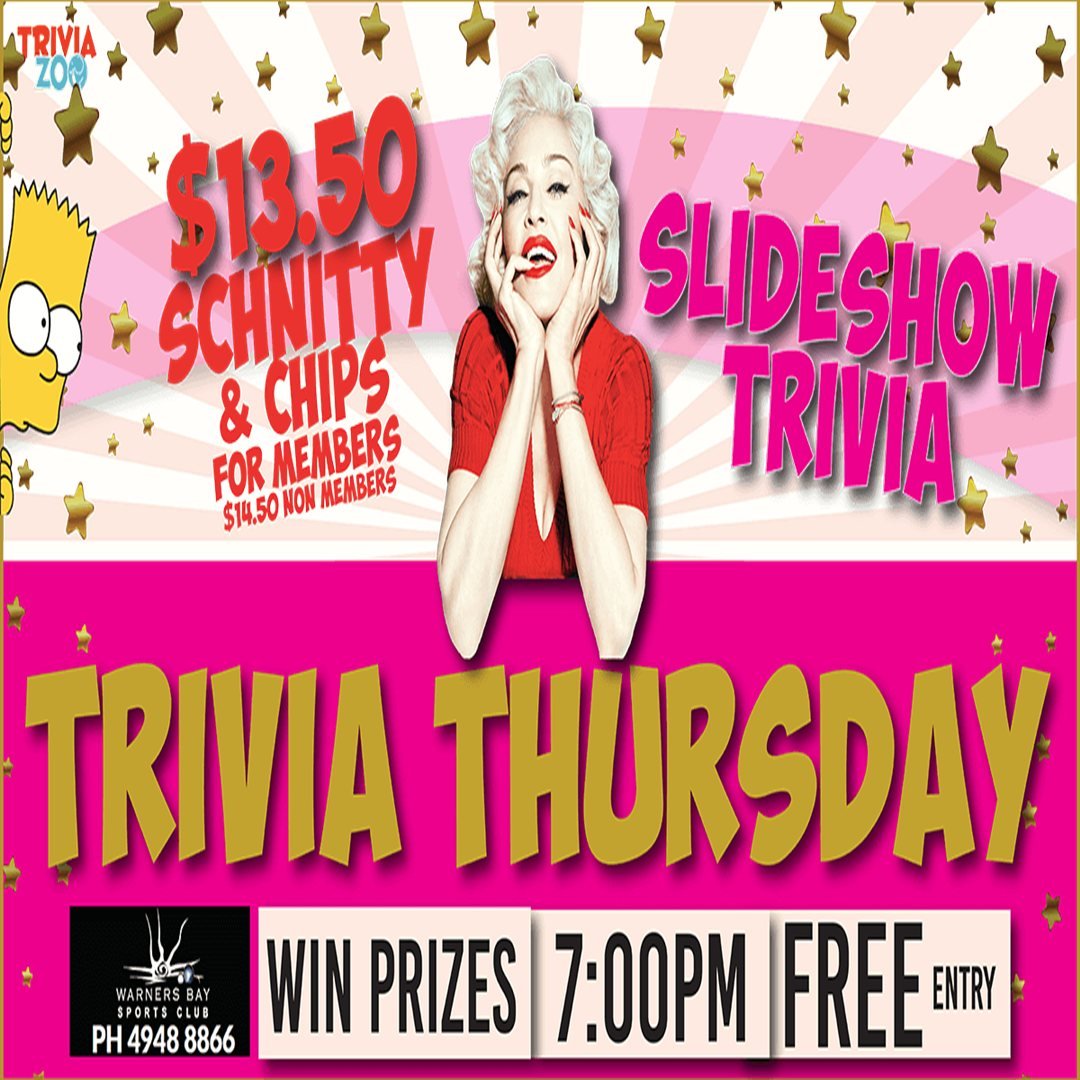 TRIVIA THURSDAY The Bay Family Resturant 
Chicken Schnitzel Specials Every Thursday!!🍗😋
13.50 Members Price  14.50 Non Members
FREE TRIVIA EVERY THURSDAY 🥳
7PM @ WBSC 
Prizes to be won!
Courtesy Bus - after trivia 
Happy Hour 3pm-5pm 🥃