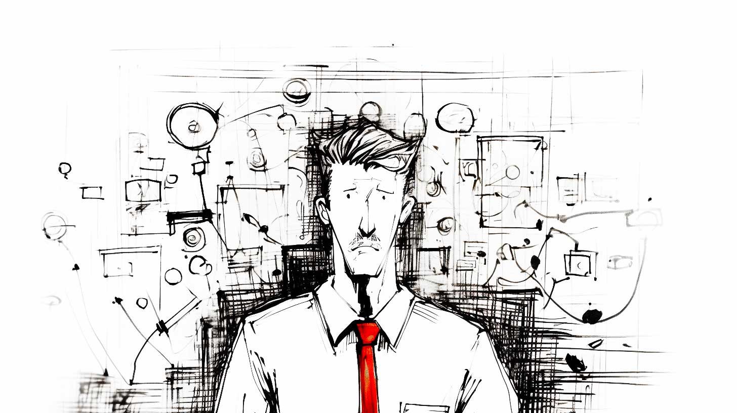 A black-and-white ink illustration of a sad businessman, surrounded by a chaotic swirl of sketched UI wireframe elements like buttons, boxes, arrows, etc.—suggesting cognitive overload or a complex system design.