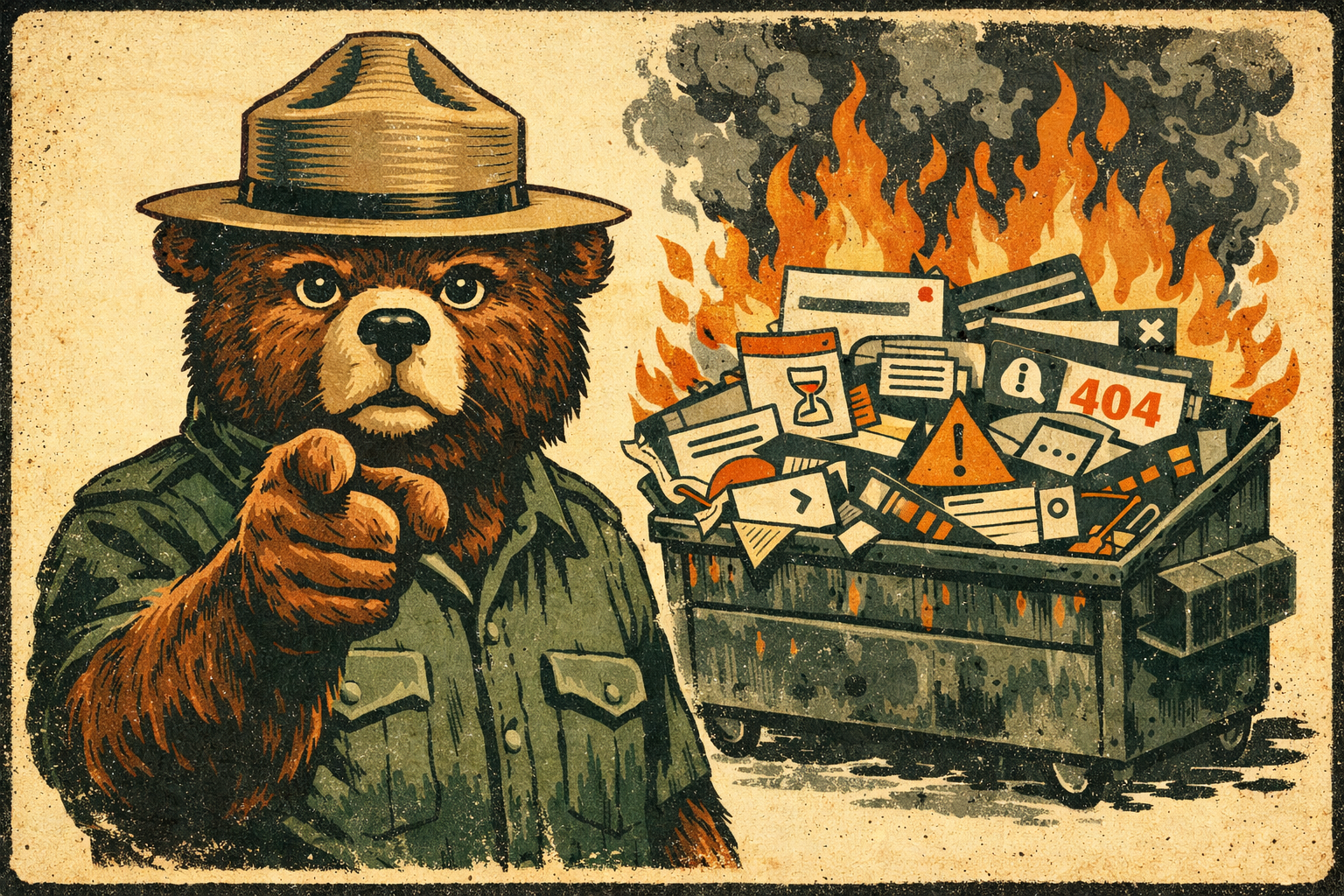 A retro public safety poster illustration: a calm, ranger-hatted figure points at the viewer, Smokey Bear–style, before a blazing dumpster overflowing with chaotic UI elements.