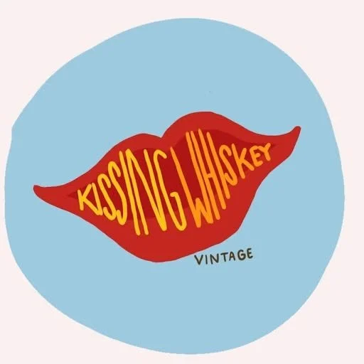 A graphic of a red lipstick kiss mark with text inside reading "Kissing Whiskey" in yellow, and the word "Vintage" below it.