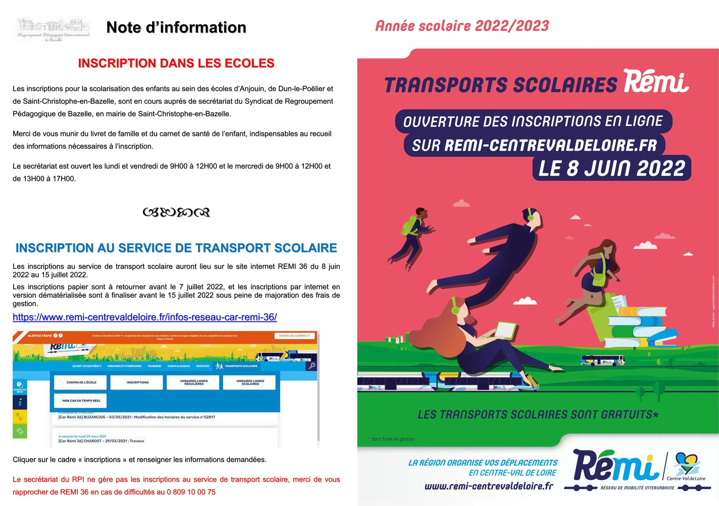 Inscriptions des élèves auprès du RPI et auprès des services de transport scolaire 2022 2023