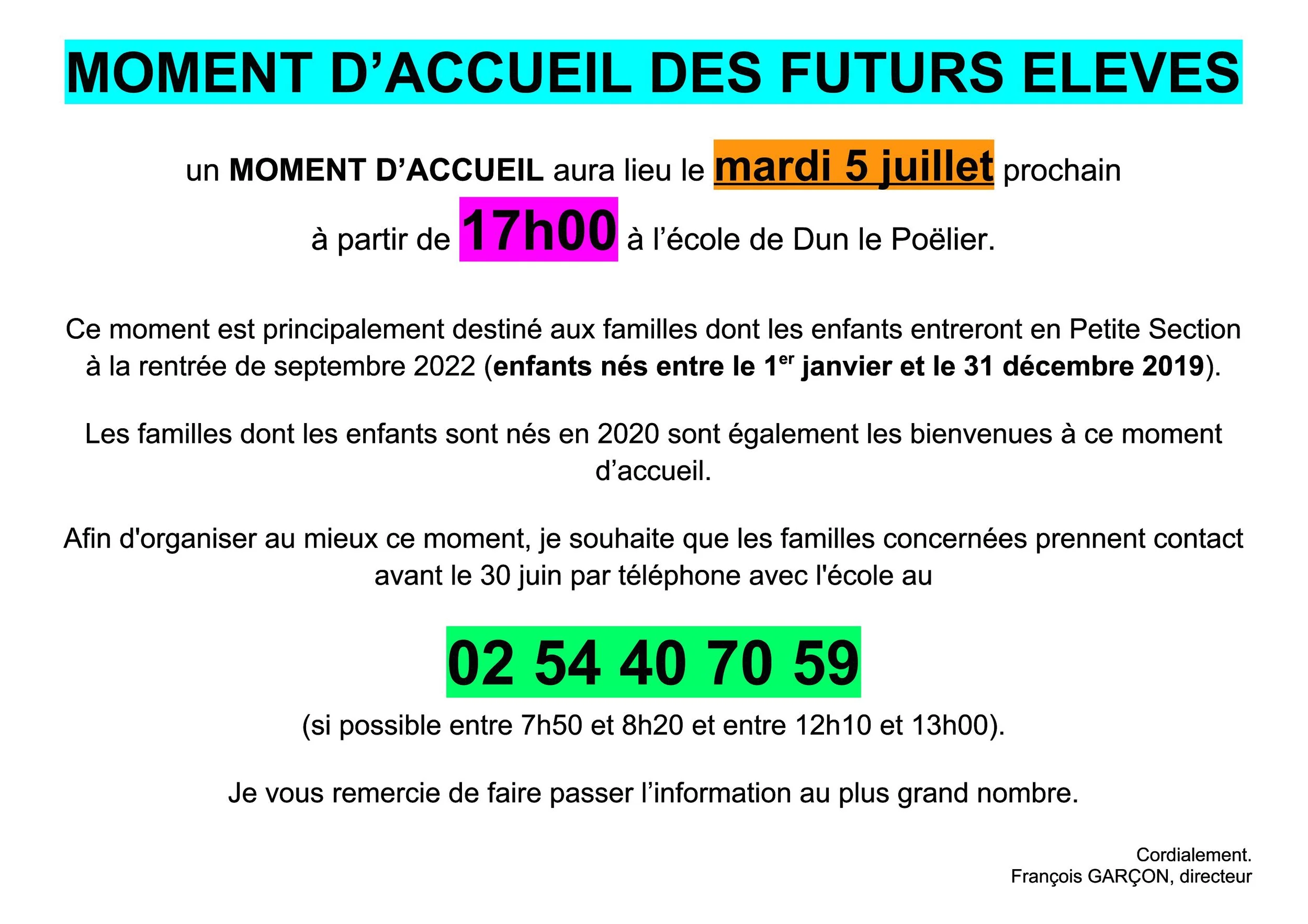 Ecole maternelle de DUN LE POËLIER Moment d'accueil des futurs élèves et de leurs familles