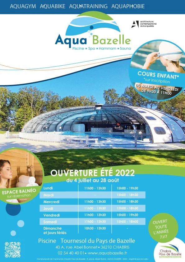 Horaires d'été de la piscine Aqua'Bazelle du 04 Juillet au 28 Août 2022