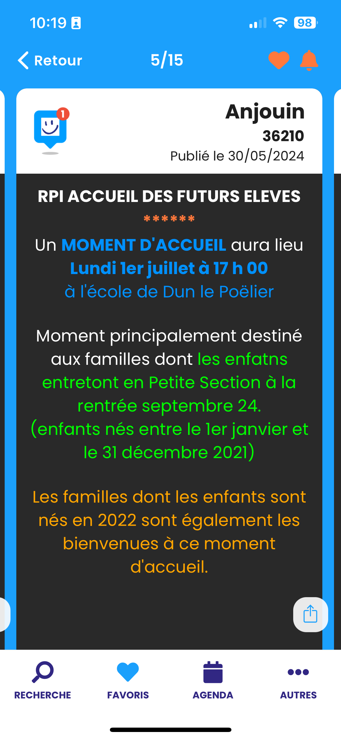 RPI Accueil des futurs élèves à l'école de Dun le Poëlier