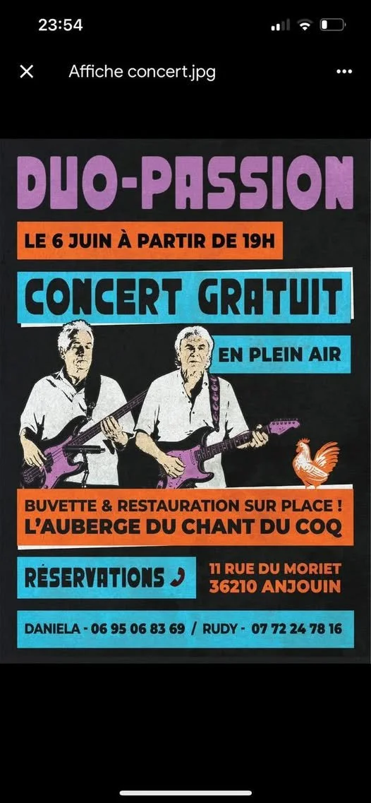 Concert gratuit en plein air le 6 juin dès 19h à l'Auberge du Chant du Coq à Anjouin.