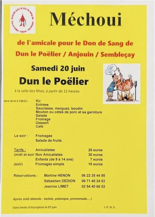 L'Amicale pour le Don de Sang vous donne rendez-vous le samedi 20 juin à Dun-le-Poëlier pour son traditionnel méchoui !