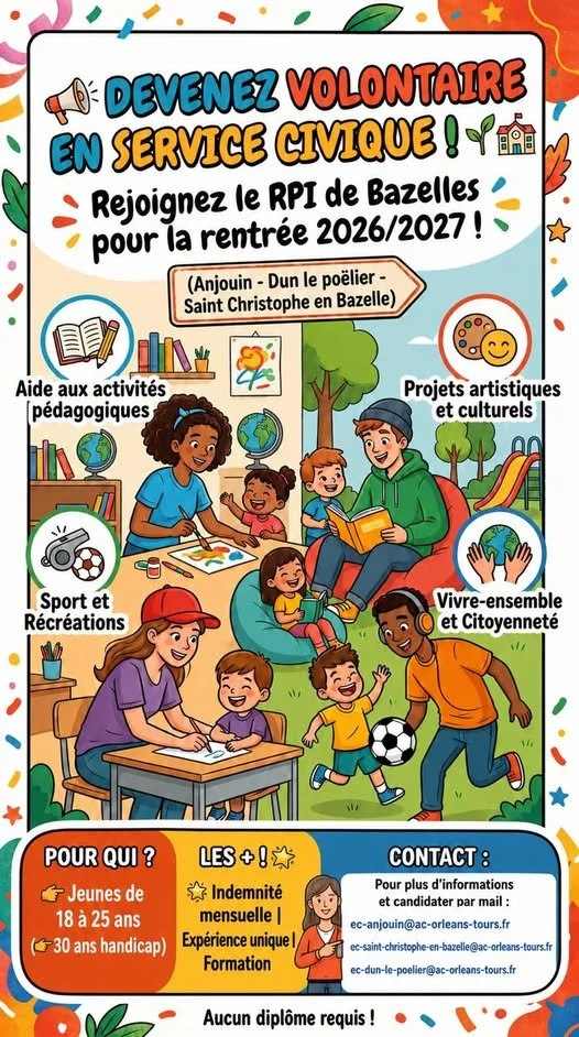 Le RPI de Bazelles recrute un(e) volontaire en Service Civique pour la rentrée 2026-2027 !
