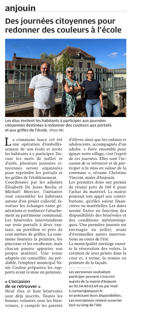 Journées Citoyennes en Juillet et Aout pour redonner des couleurs à l'Ecole d'Anjouin