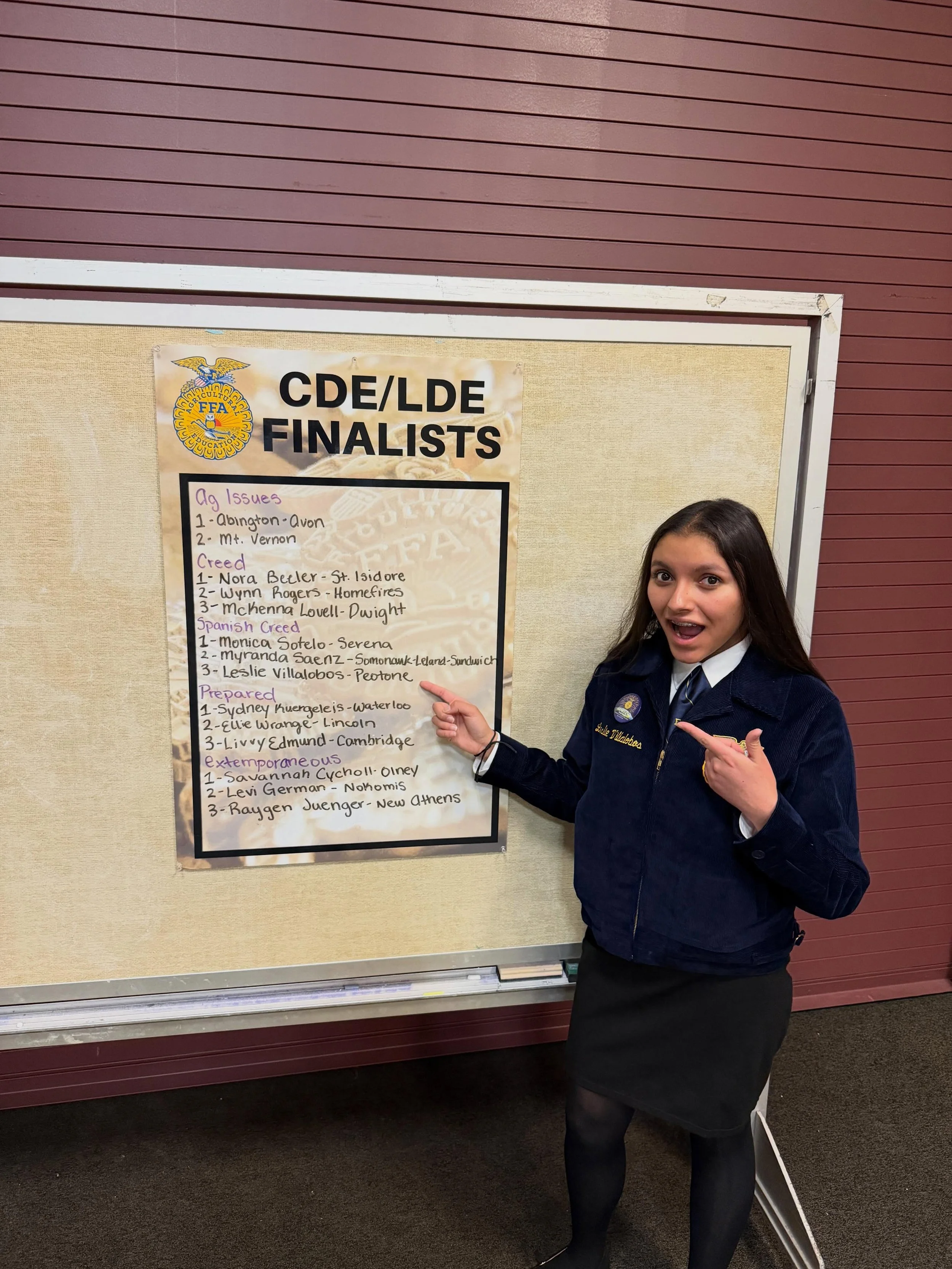 Congratulations to Leslie Villalobos on being named THIRD PLACE in the state in the Spanish Creed LDE! 

Leslie recited the FFA creed in Spanish to a panel of judges and then answered questions on what the meaning behind the FFA creed is to her and o