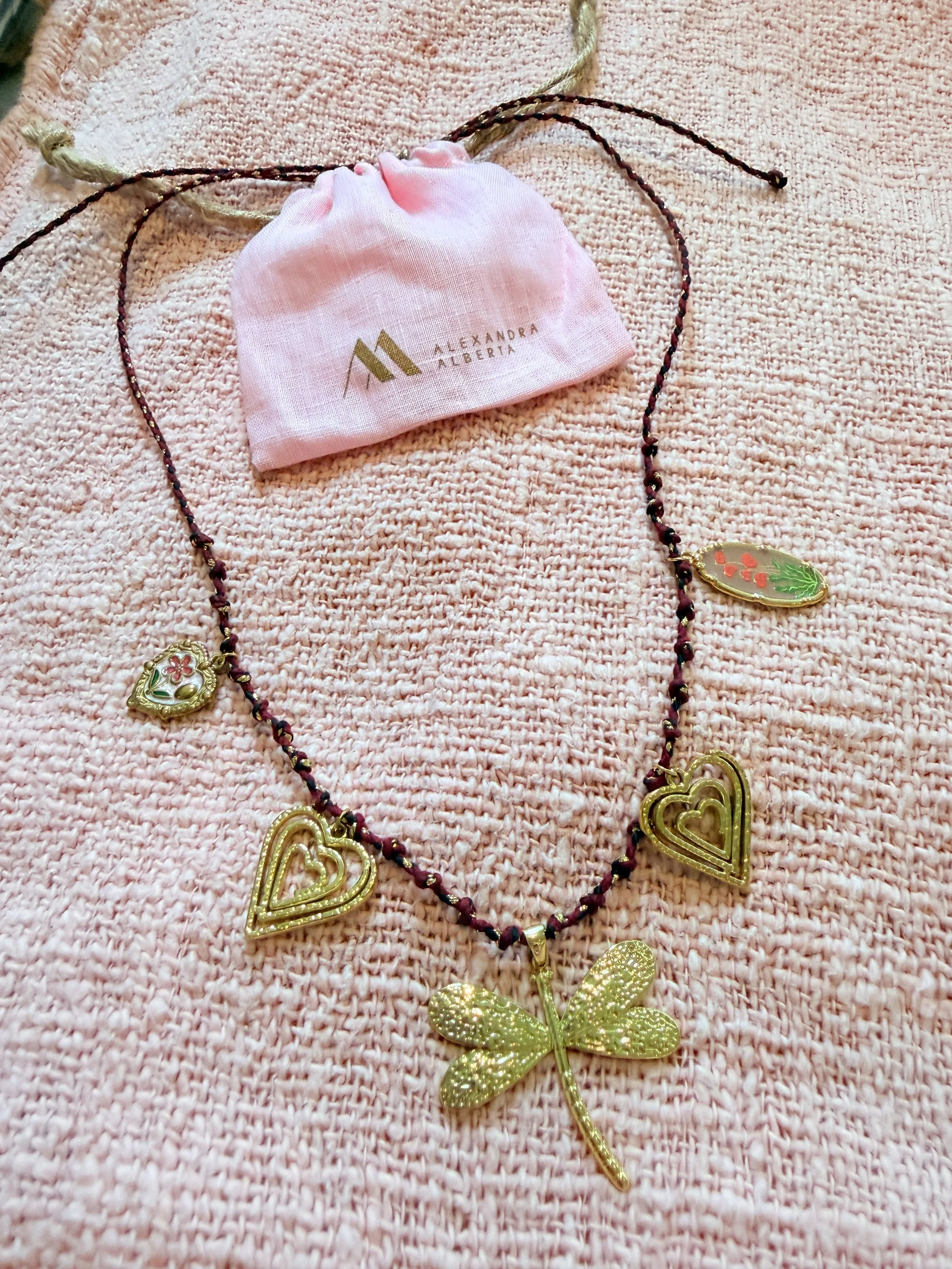 Dragonfly Hand Knotted Heart Necklace - Bordeaux
