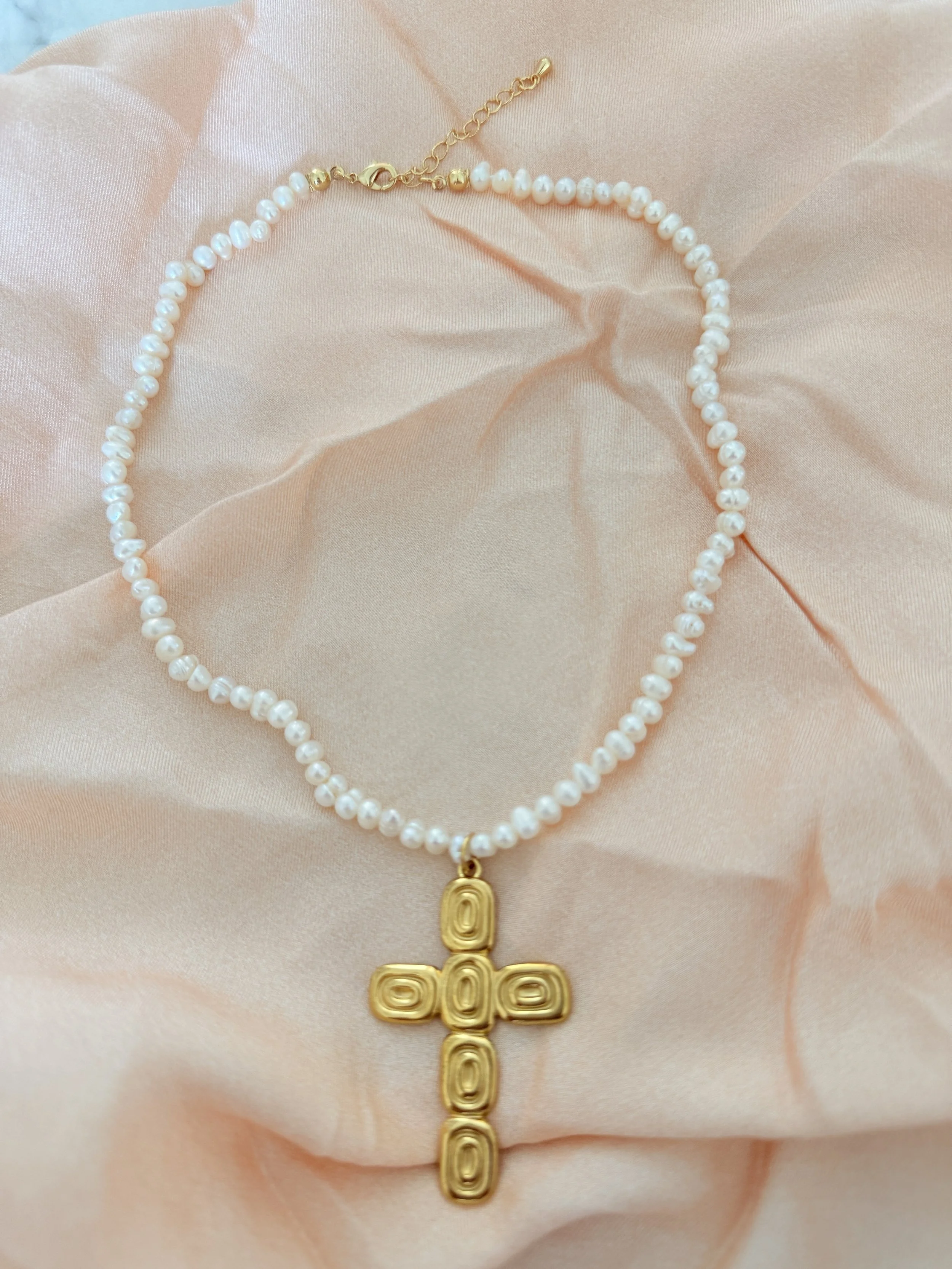 Marina Abstract Natural Pearl Cross Necklace