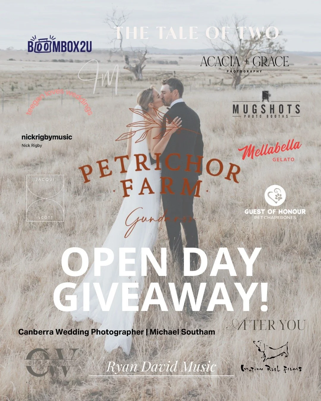 ✨ OPEN DAY GIVEAWAY ✨
To celebrate our upcoming Open Day at Petrichor Farm, we&rsquo;re giving one lucky couple the ultimate wedding gift hamper filled with beautiful goodies, exclusive Petrichor Farm merch, and bonus vouchers from us and some of our