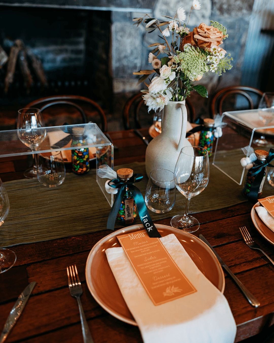 Planning a wedding comes with enough decisions, your table settings shouldn't be one of them.

At Petrichor Farm, your venue hire includes quality crockery, glassware, cutlery, and complete table set-up, so you don't need to source or hire the essent