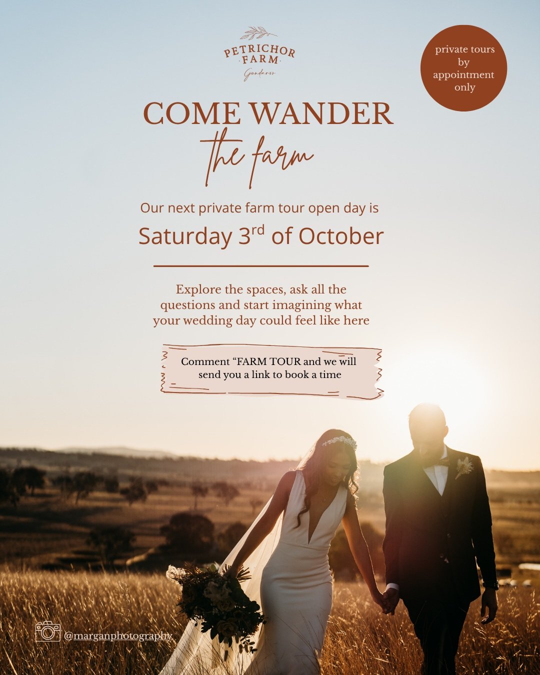 COME WANDER THE FARM 🤍
Our next Private Farm Tour Open Day is Saturday, 3 October.

If Petrichor has been sitting in your saved folder, on your wedding Pinterest board, or quietly in the back of your mind&hellip; this is your chance to come and see 