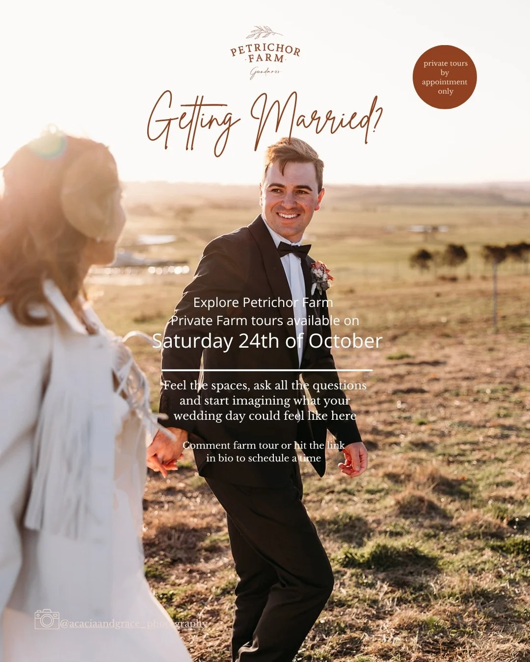 A little country air, a whole lot of charm, and a pretty special place to say &lsquo;I do&rsquo;. 🤍

Our next Farm Tour Open Day is Saturday 24 October, and we&rsquo;d love to show you around!

Explore the farm, get a feel for the spaces and start i