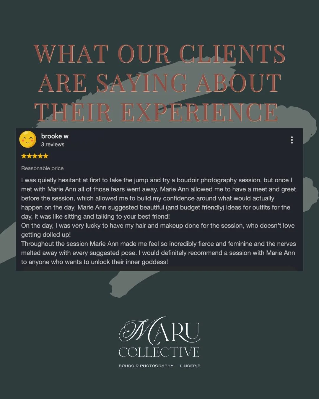 A little nervous at first, but left feeling fierce, feminine and confident. 

Taking the leap into a boudoir session can feel intimidating, but with Marie-Ann&rsquo;s warm guidance, those nerves quickly disappeared.

From a friendly meet and greet an