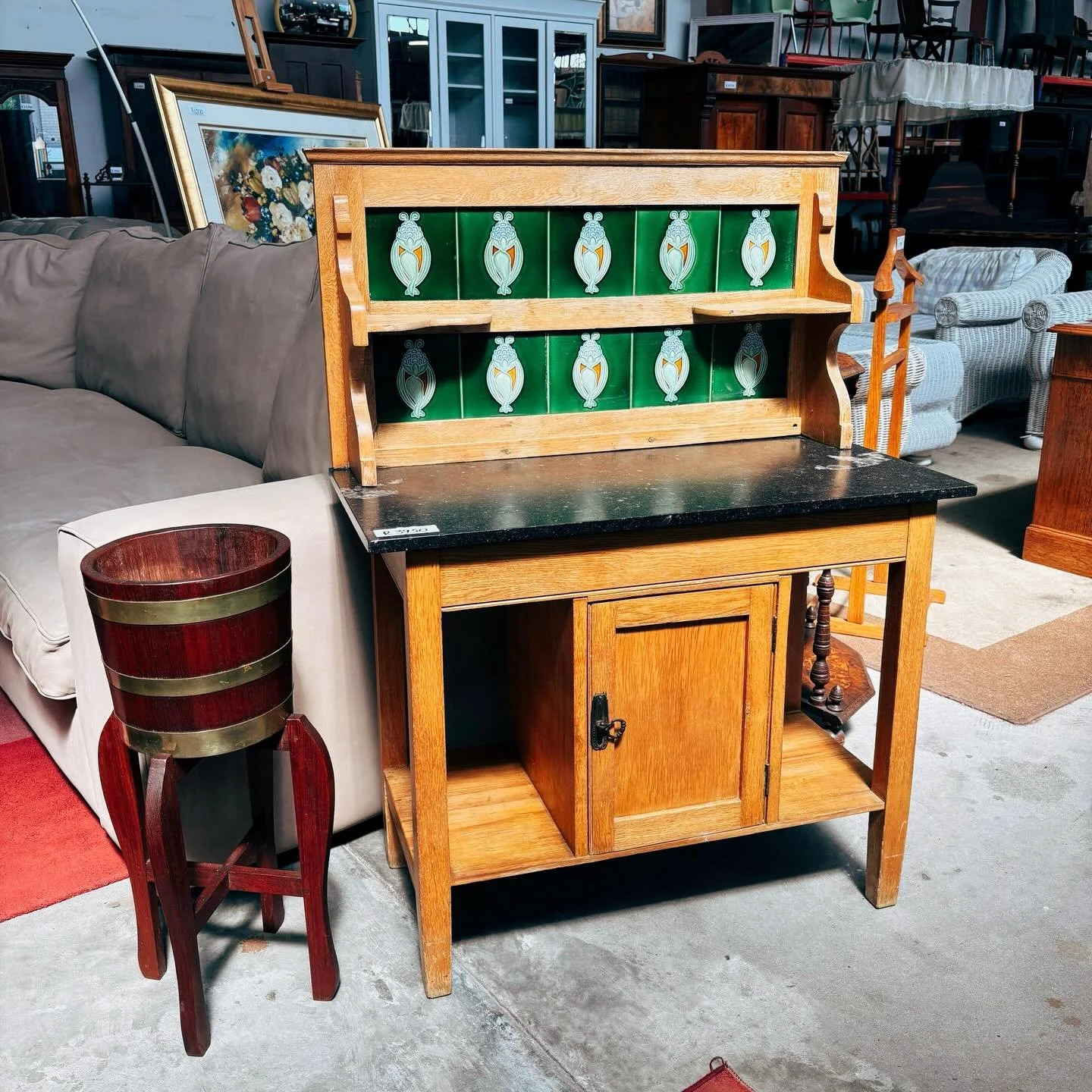 We have a beautiful Oak Wash Stand with green tiles available. Looks great alongside this very well looked after Plant Stand.

Wash stand -R3950
Plant stand -R1650

Wash stand dimensions:
W-910mm
D-460mm
H-730mm(table top)
H-1,22m(total)

Plant stand