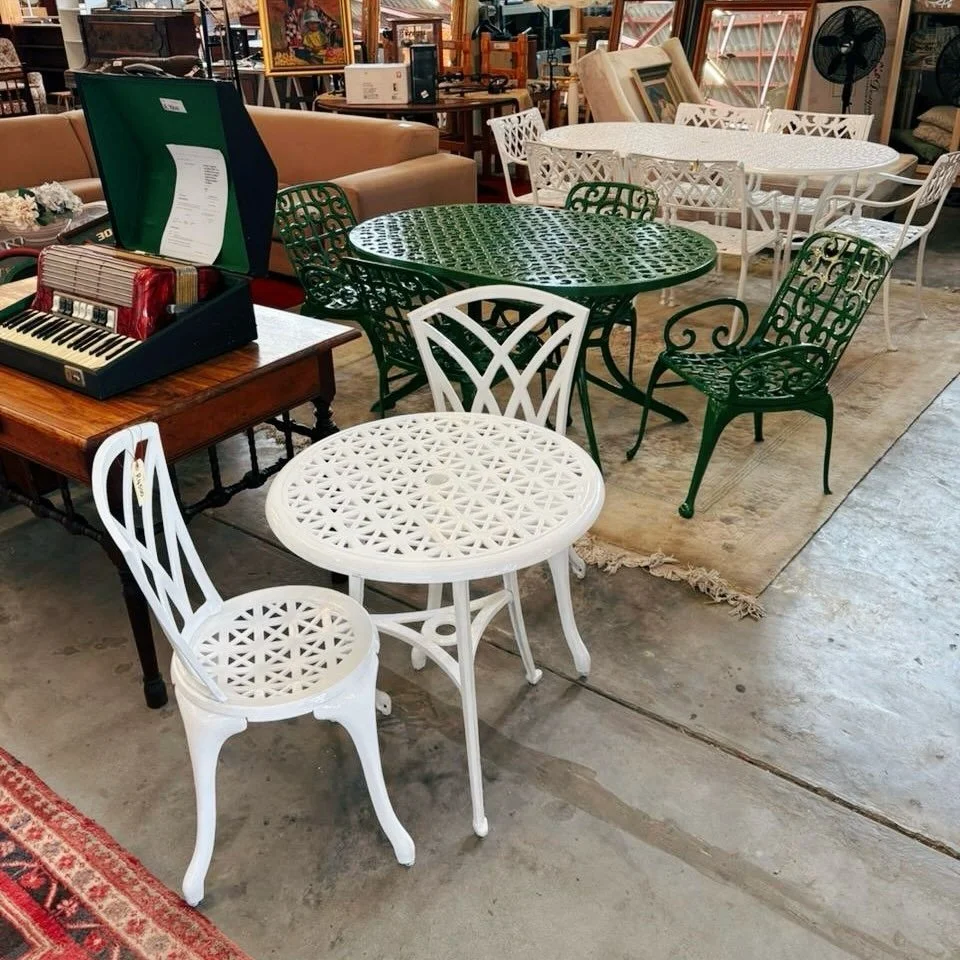 We have cast iron sets! 2-6 seaters available.

Price:
2 seater -R4500
4 seater green -R9500
6 seater -R12 950
6 seater -R14 950