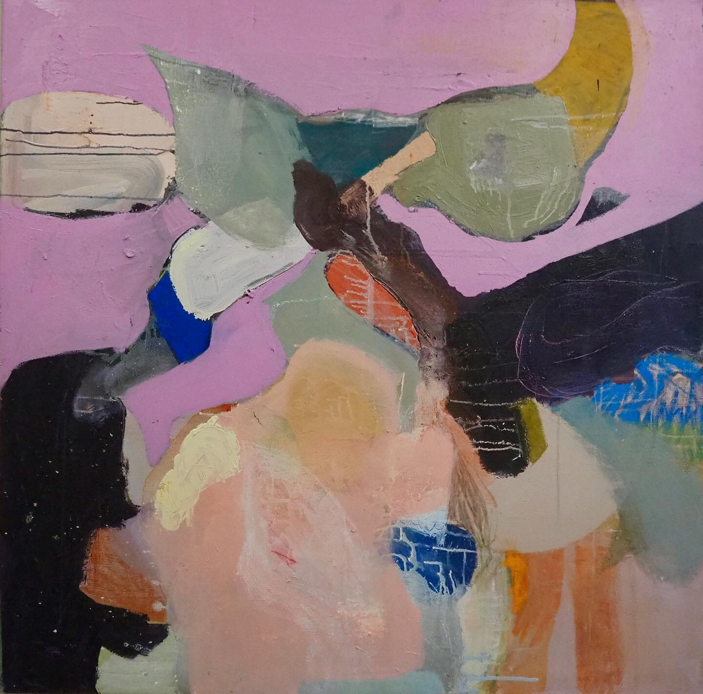 FLORA - oil paint, oil bars, chalk, oil pastels, pencil and acrylic on canvas 100x100cm Flora celebrates natural growth and plant life through having a non linear and abstract painting process. I try to let each material I use be as free as possible 