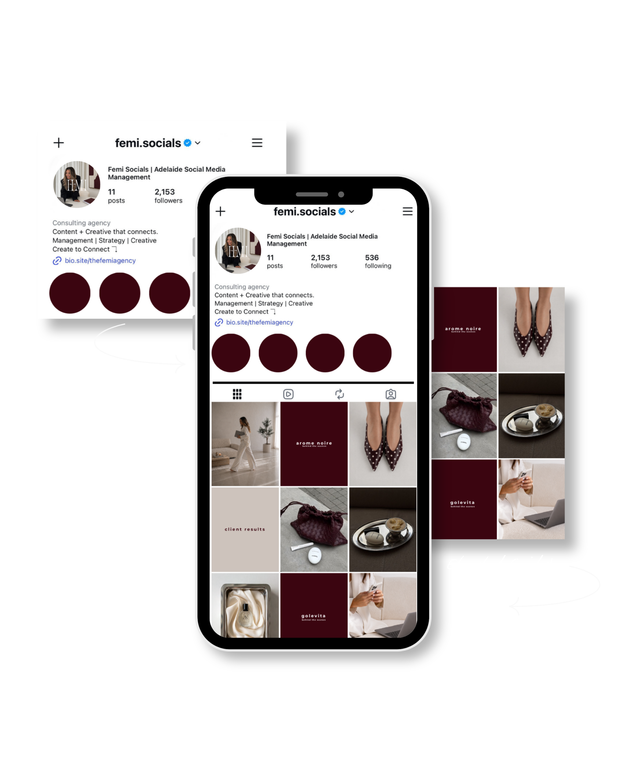 Screenshot of an Instagram profile for 'femi.socials', a social media management agency, showing profile details, posts, and related images on mobile and desktop views.