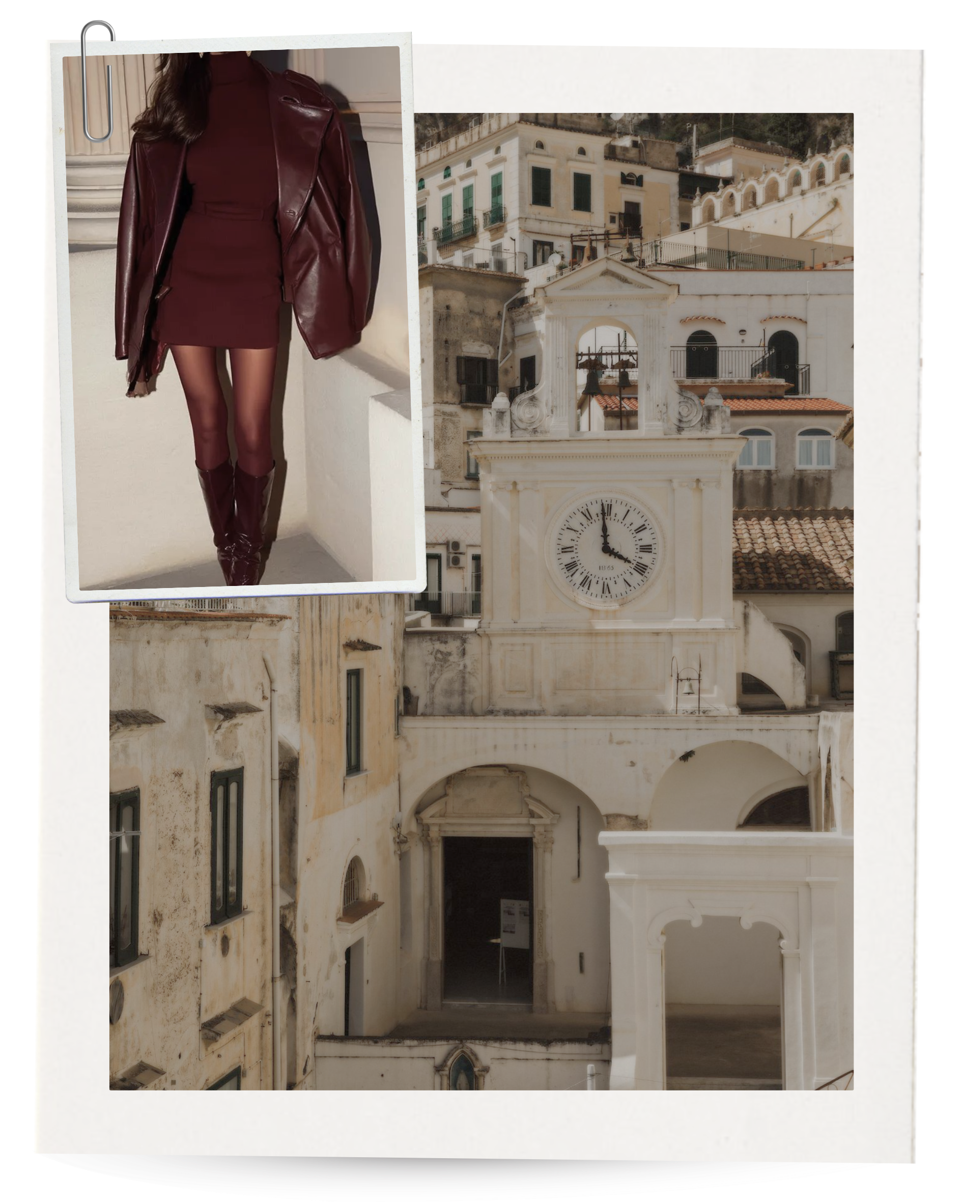 A woman wearing a maroon leather jacket, dress, tights, and boots leaning on a white wall, with a background of an old European city with white buildings and a clock tower.