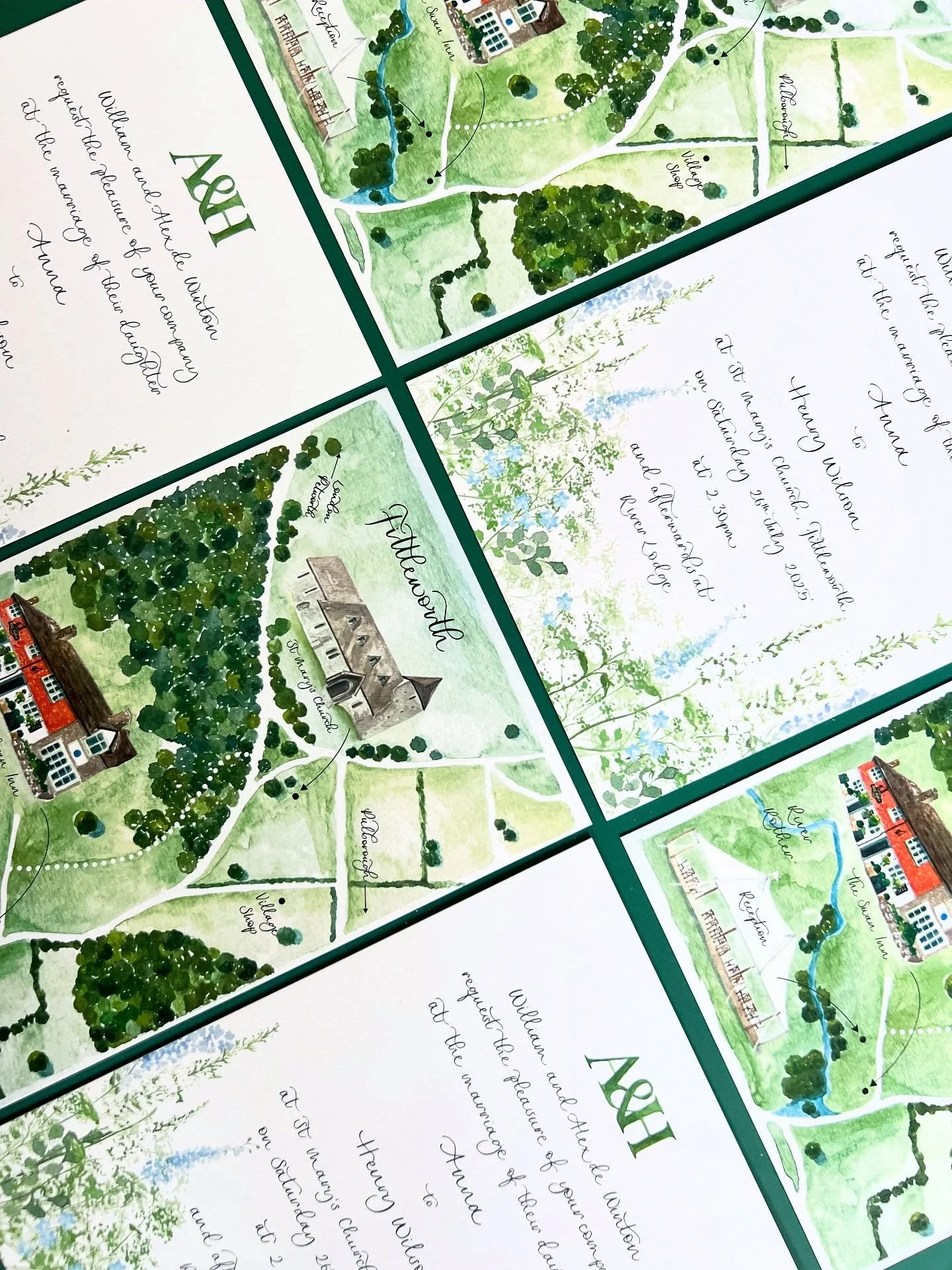 A &amp; H 🌿 handwritten invitations with watercolour illustrations from the best @theputneypainter 
&bull;
&bull;
&bull;
#invitationdesign #weddinginvitationsuite #calligraphy #bespokestationery #moderncalligraphy
