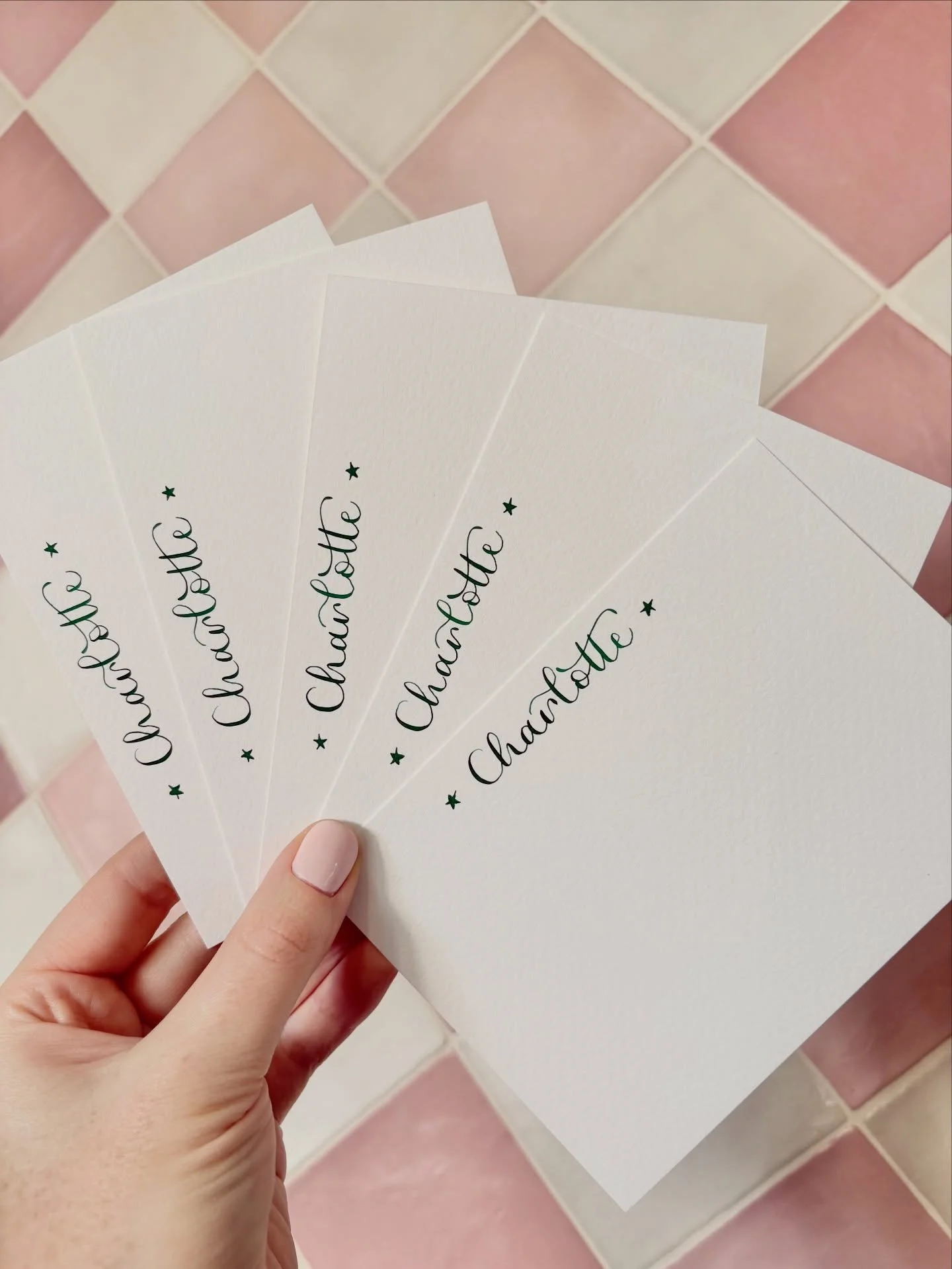 C H A R L O T T E 💚 Dark green ink fast becoming a top choice for all your lovely orders. Every single one means so much to me so THANK YOU 
&bull;
&bull;
&bull;
#calligraphy #personalisedstationery #personalisednotecards #buysmallbusiness #supports