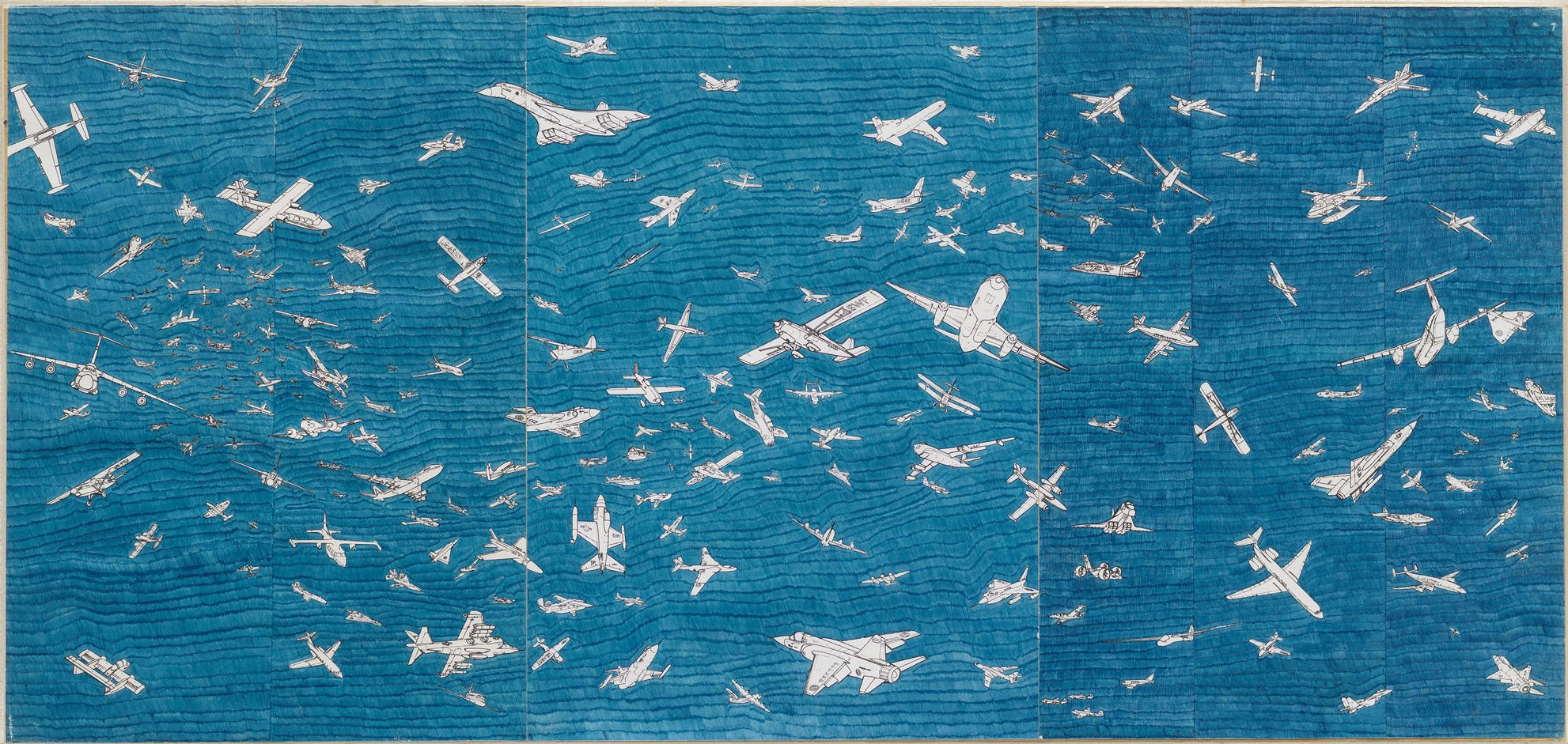 Cat. n. 875
Aerei, 1977,
penna biro blu su carta;
tre elementi, 38 x 26,5 cm ciascuno