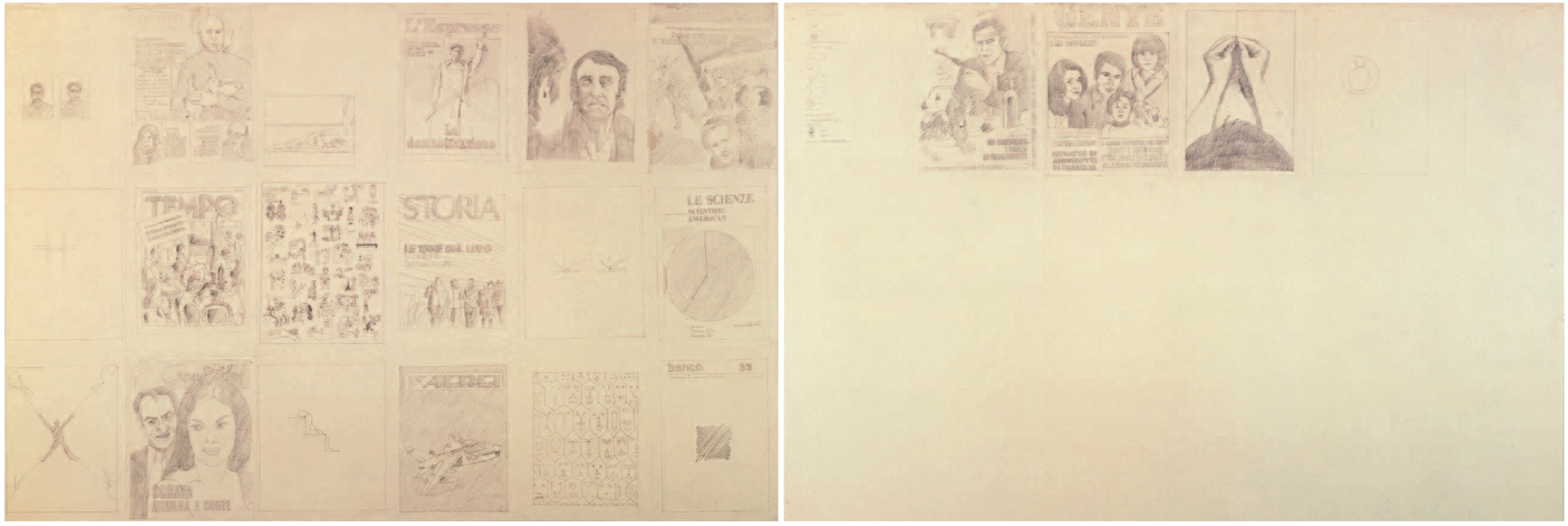 Cat. n. 834
Collo rotto braccia lunghe, 1976, matita su carta, due elementi, 100 x 150 cm ciascuno