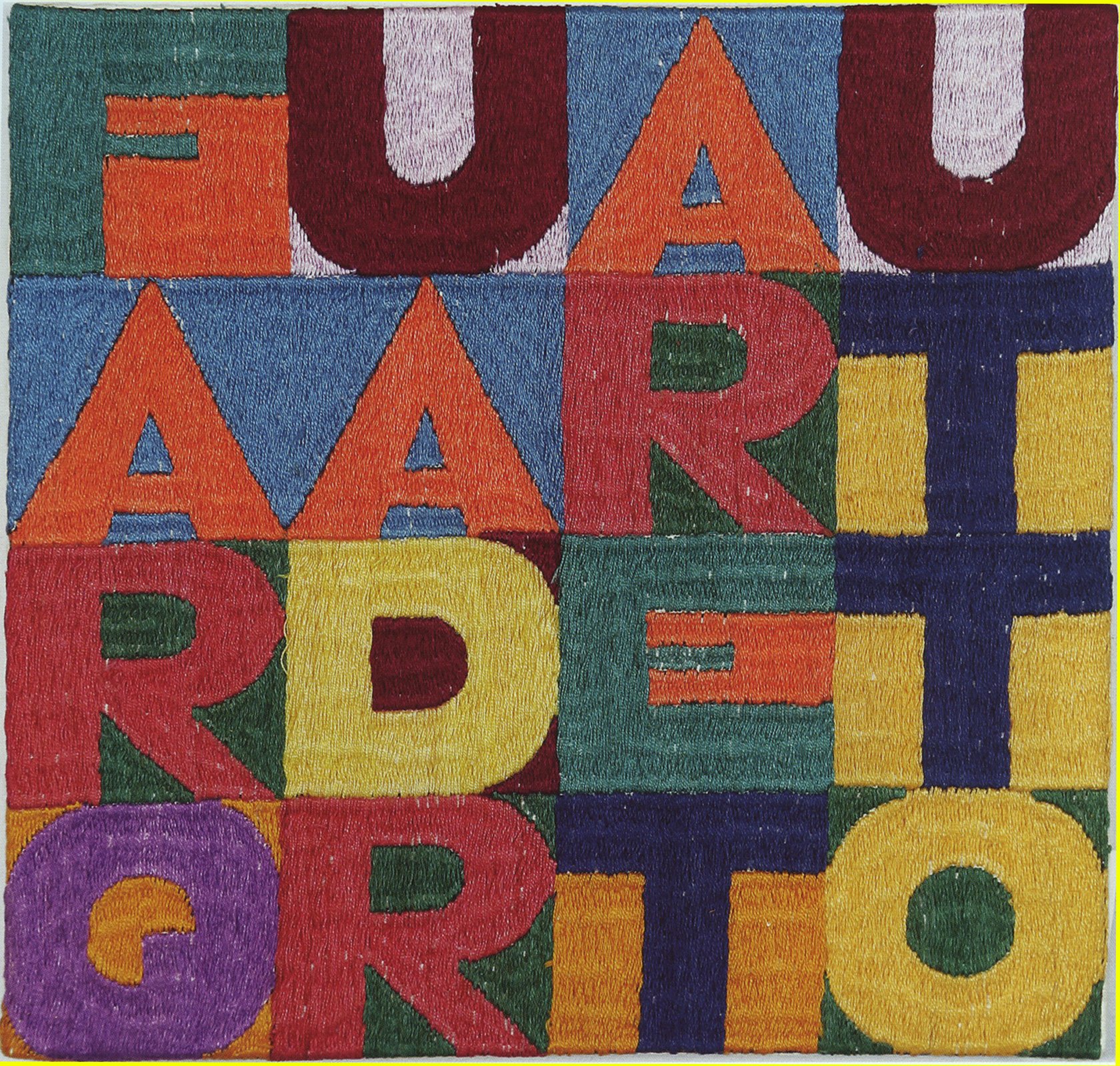 Cat. n. 1168 (a. 6284) 
Far quadrare tutto, 1979,  ricamo su tessuto, 22,5 x 21,5 cm